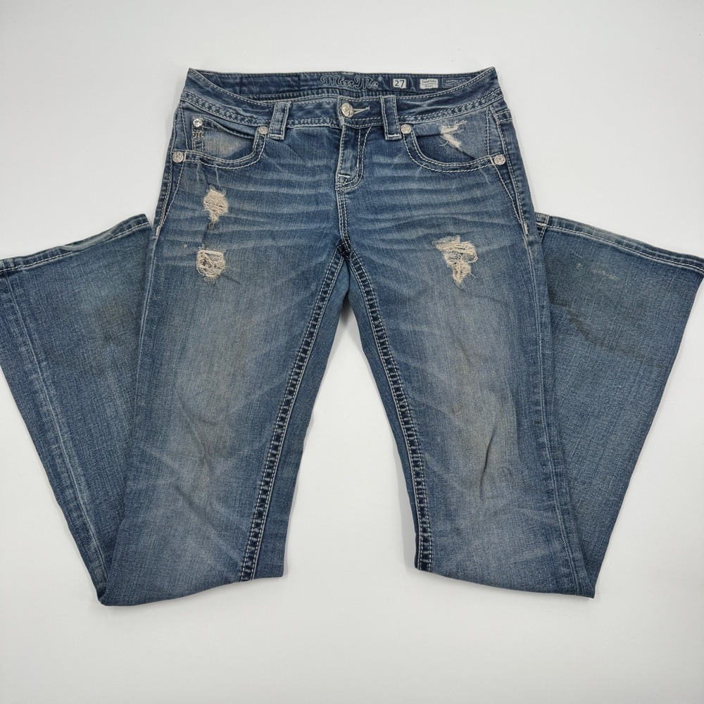Miss Me Signature Boot Jeans Womens 27 Blue Distressed Low Rise JP8750B3